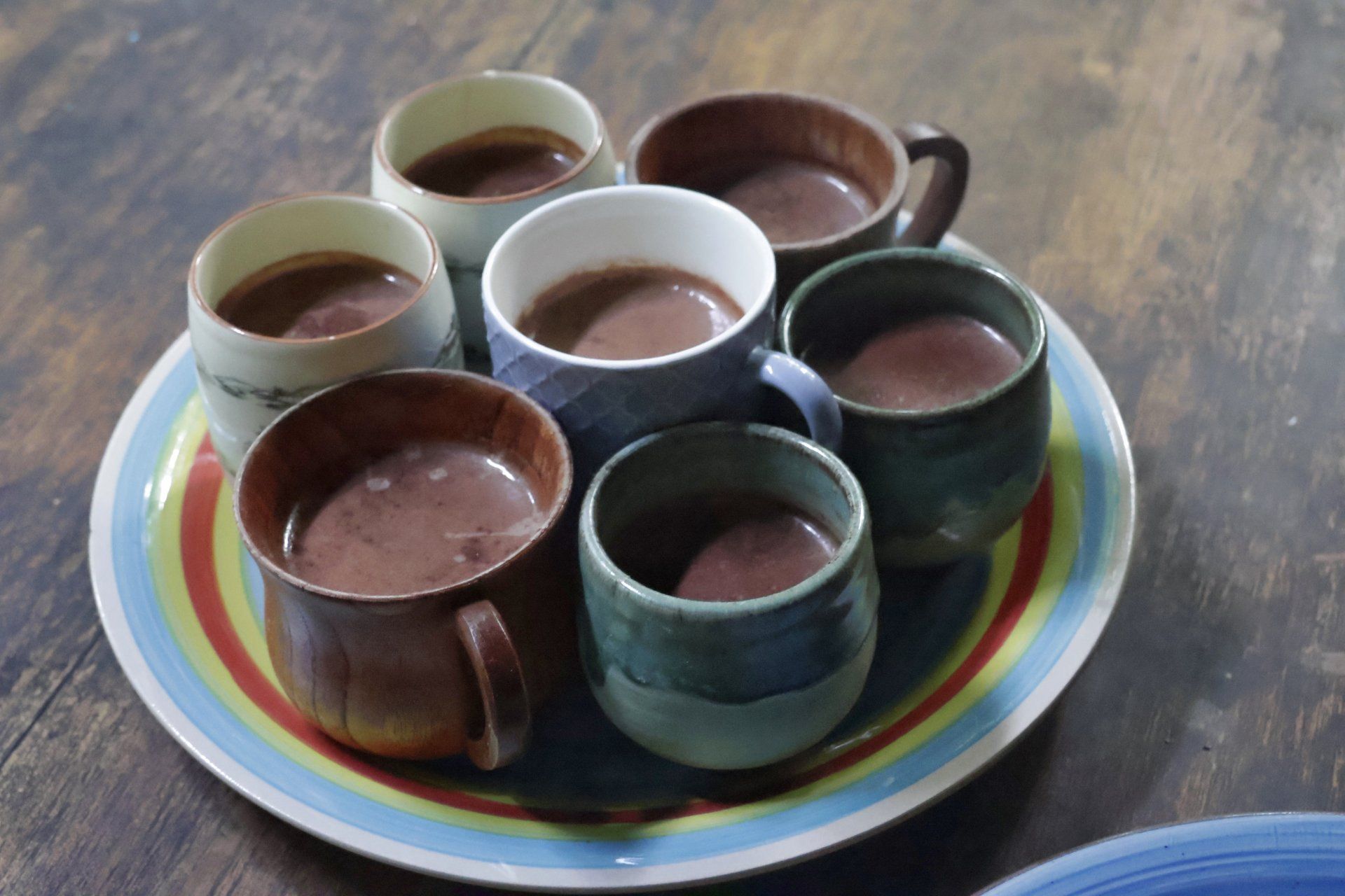 Mugs of thick hot chocolate on a plate